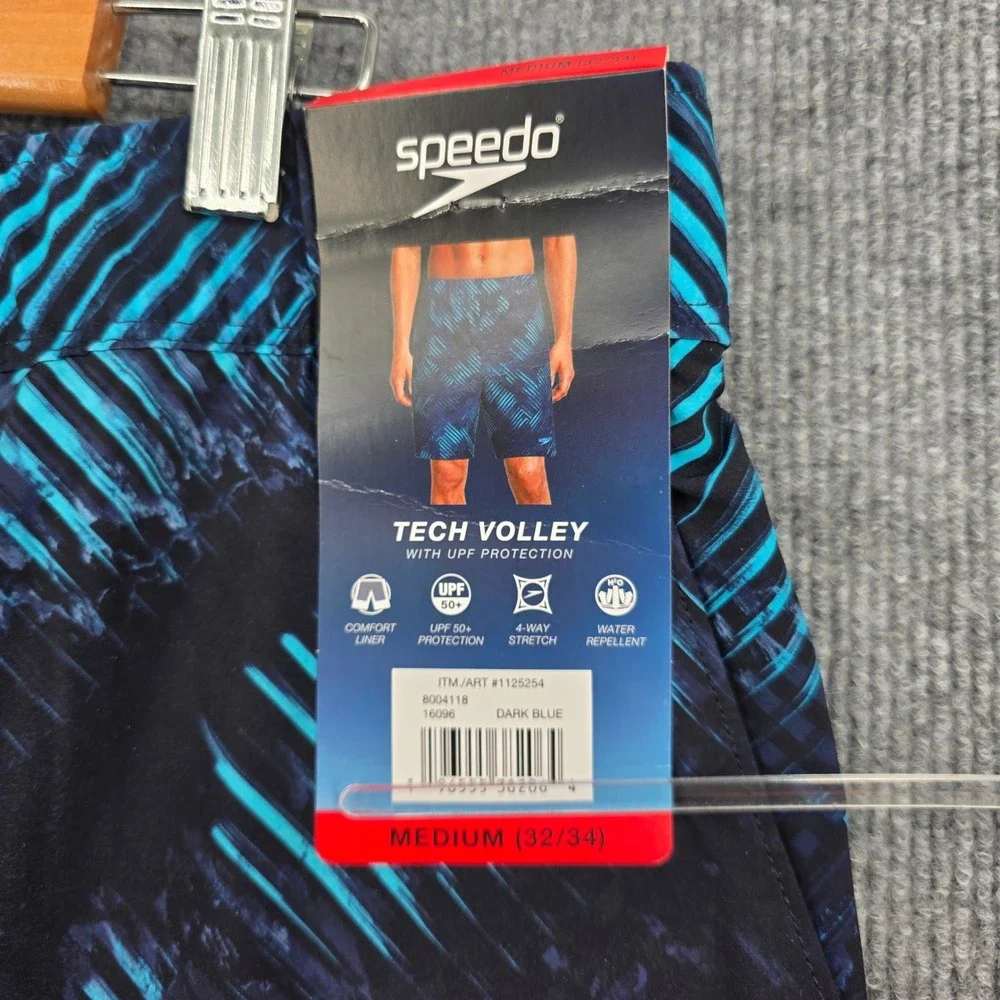Speedo Tech Volley Mens Swim Shorts Blue Geometric Print UPF 50+ Medium NWT